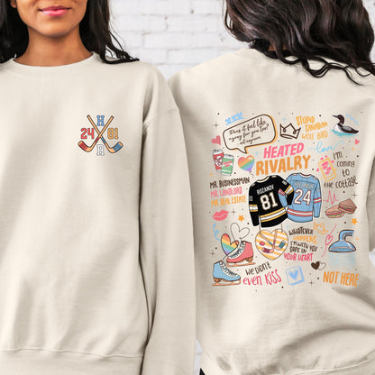 Two beige sweatshirts, one with hockey-themed graphics and text, the other with colorful illustrations and text.