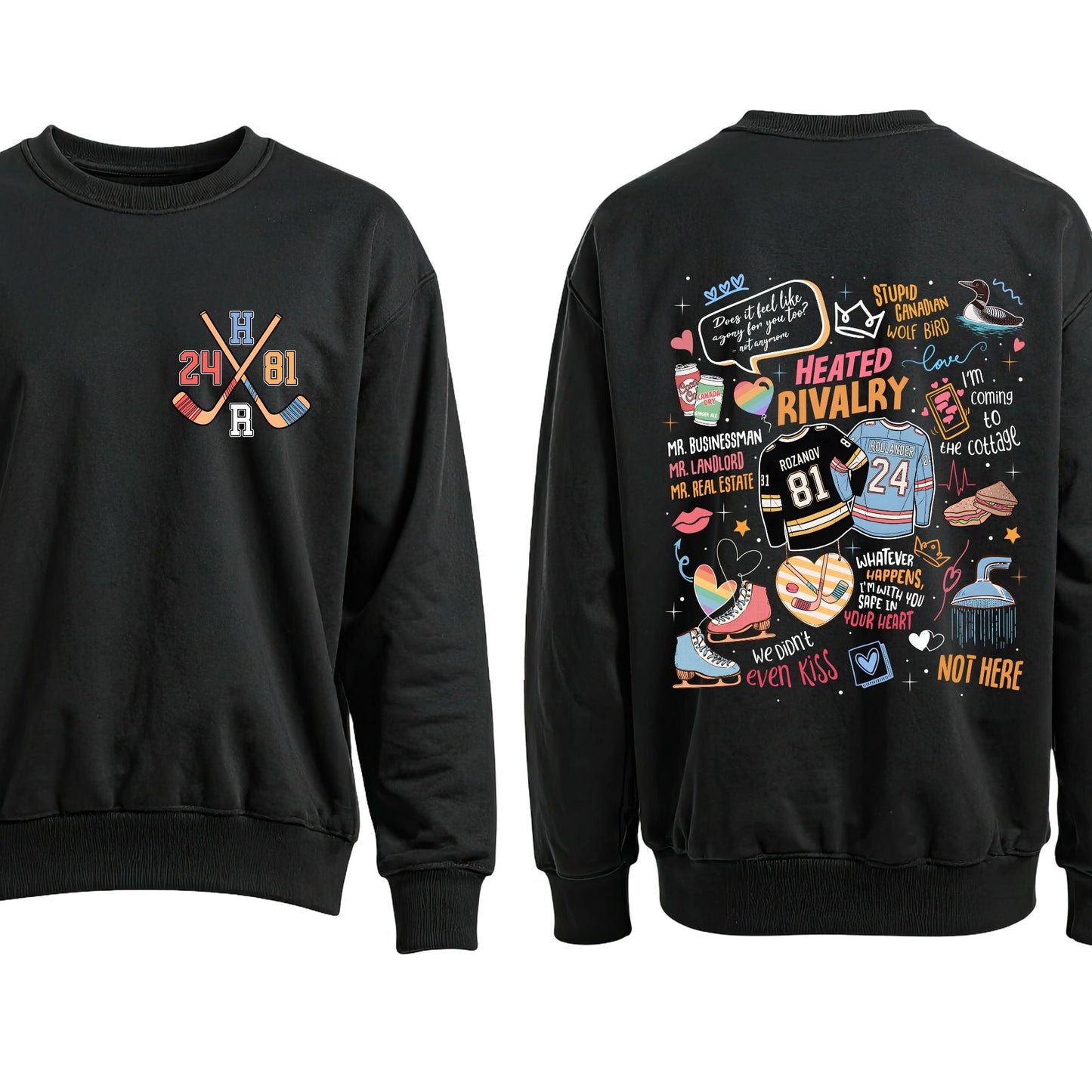 Black sweatshirt with colorful graphics on the front and back