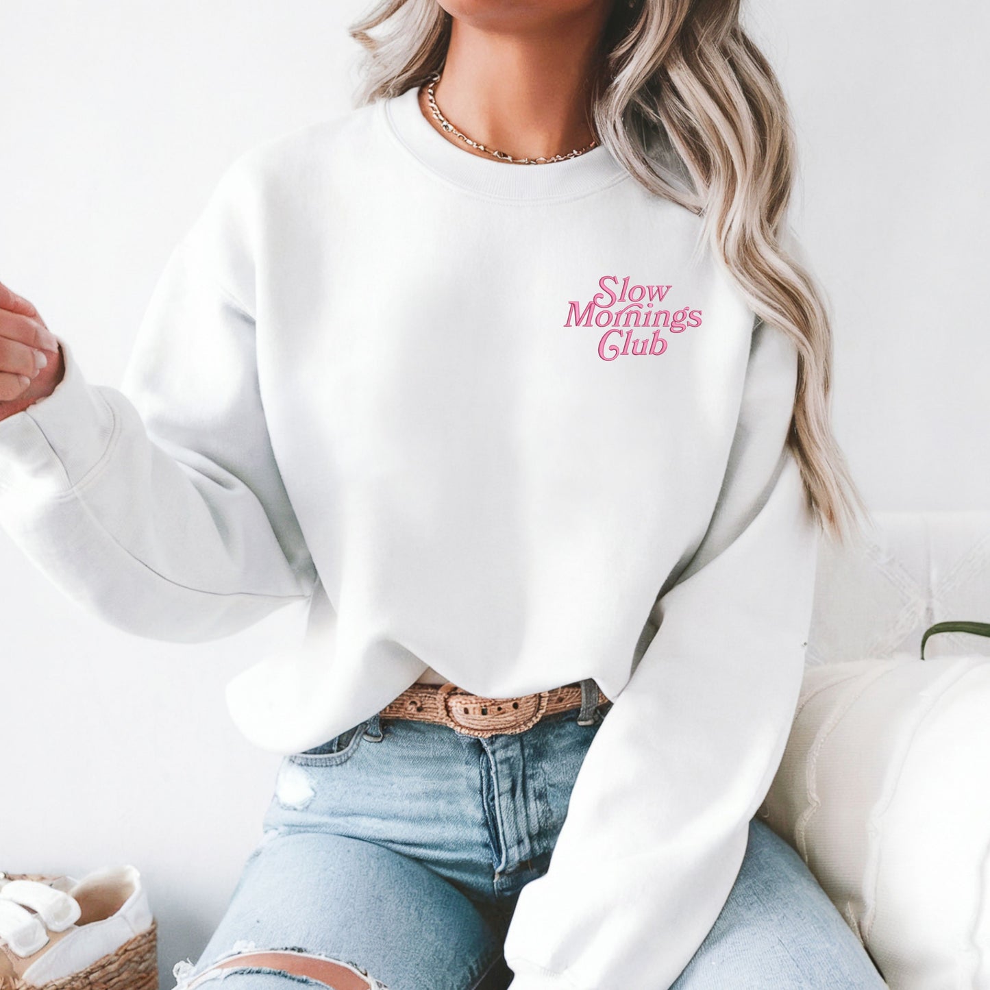 Slow Mornings Club Embroidered Crewneck