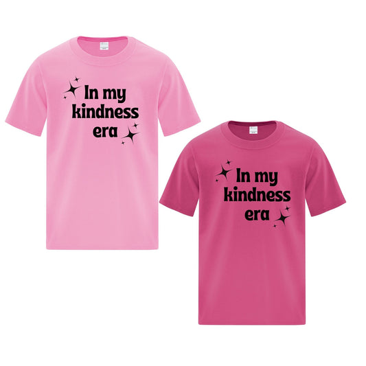 Two pink t-shirts with 'In my kindness era' text on a white background