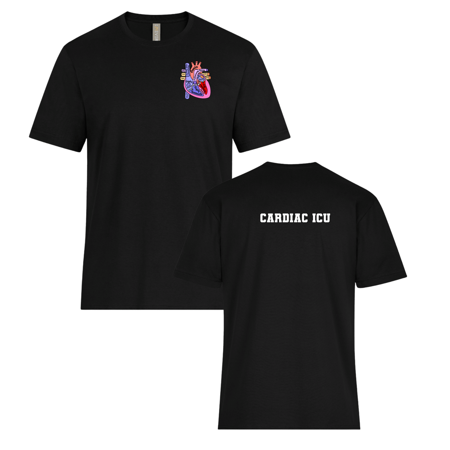 Black t-shirt with a colorful heart design on the left chest and 'CARDIAC ICU' text on the back, displayed from front and back views.