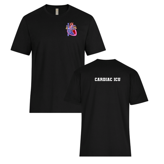 Black t-shirt with a colorful heart design on the left chest and 'CARDIAC ICU' text on the back, displayed from front and back views.
