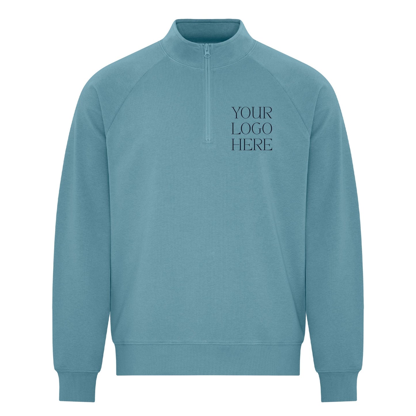 Blue sweatshirt with 'Your Logo Here' text on a white background