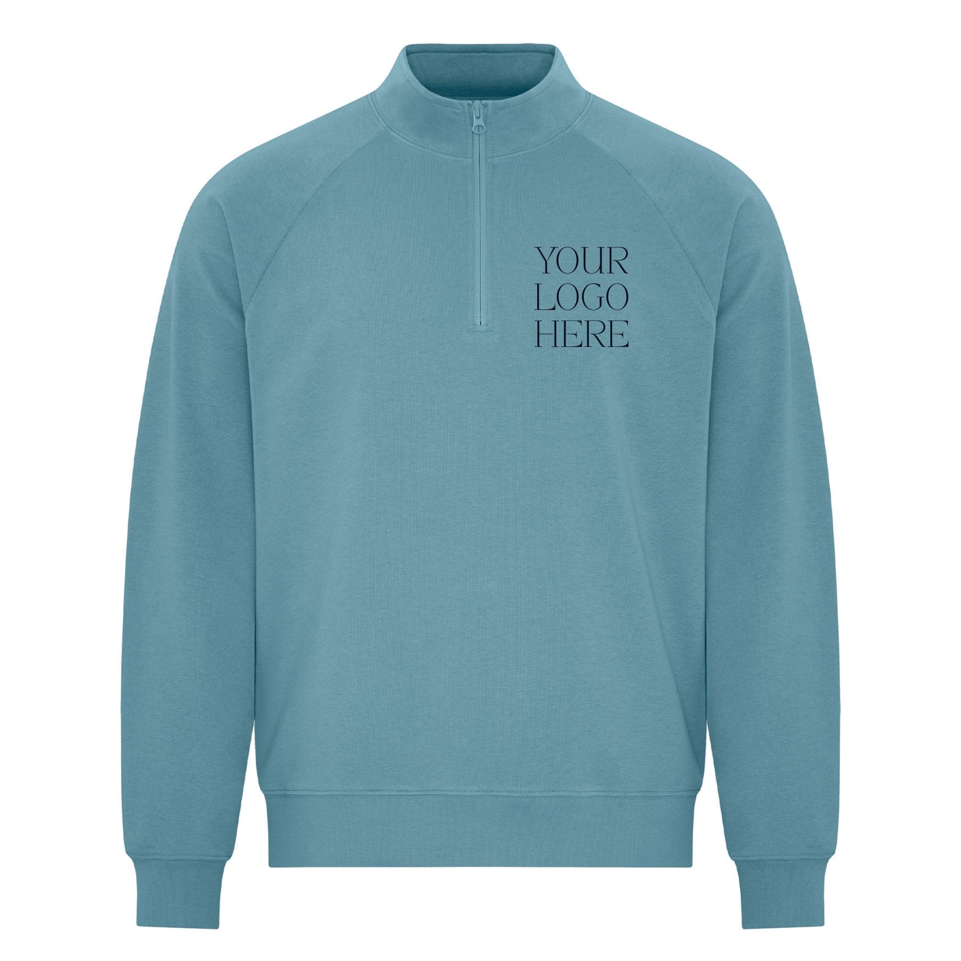 Blue sweatshirt with 'Your Logo Here' text on a white background