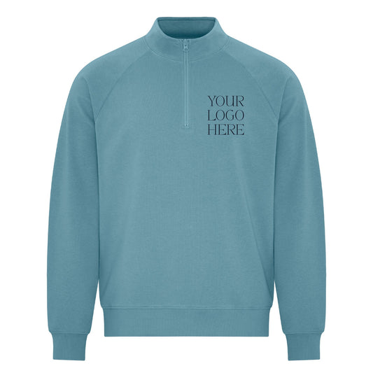 Blue sweatshirt with 'Your Logo Here' text on a white background