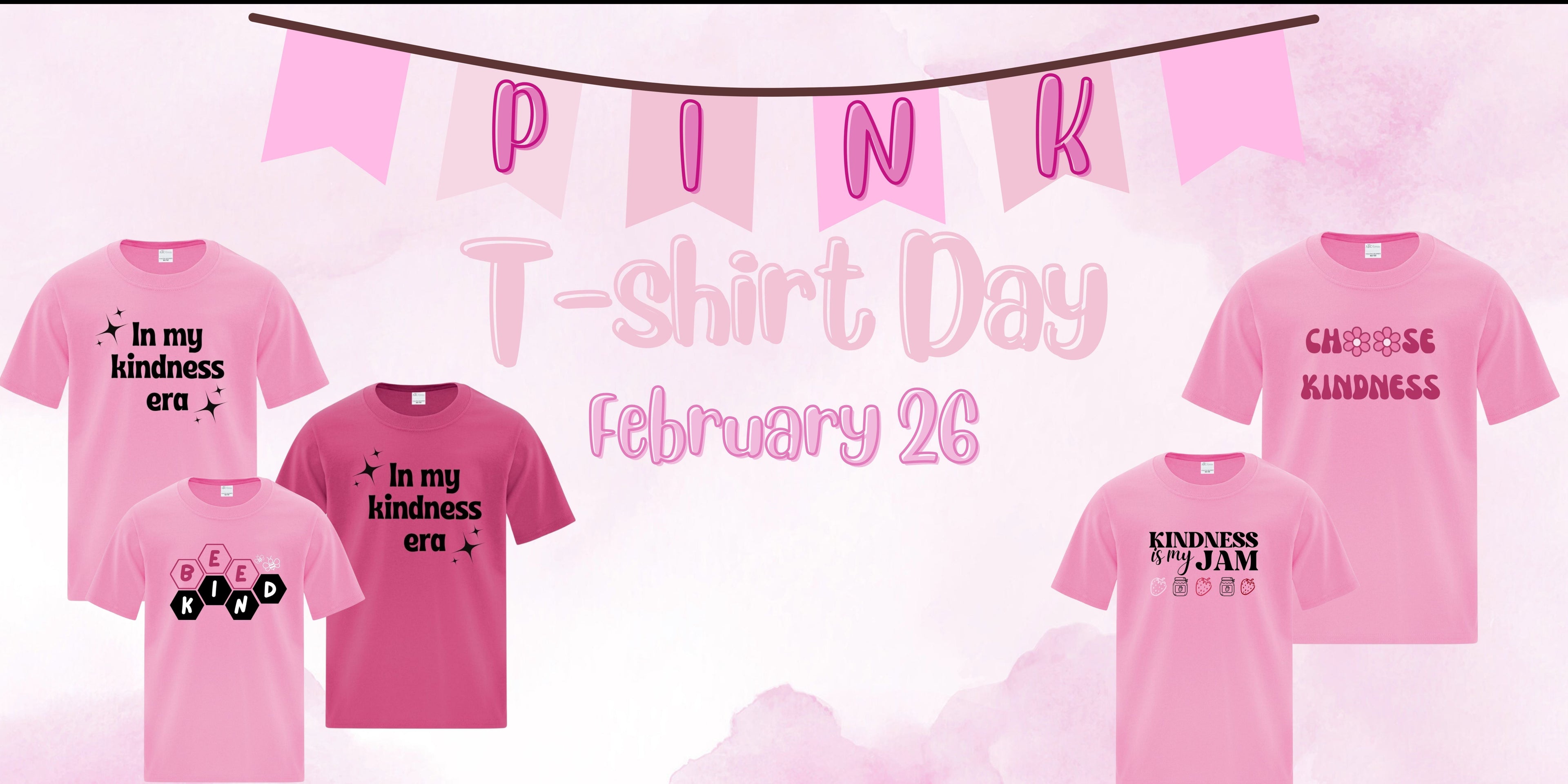 Pink t-shirts with motivational phrases on a pink background with 'Pink T-shirt Day' text.